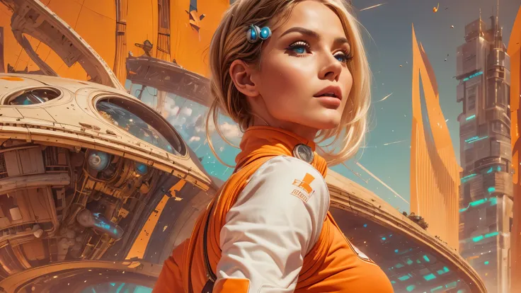 arafed image of a white woman in a futuristic suit with a spaceship in the background, movie art, in front of an orange background, inspired by Robert McGinnis, female protagonist, megastructure in the background, portrait of an ai astronaut, astronauts, a...