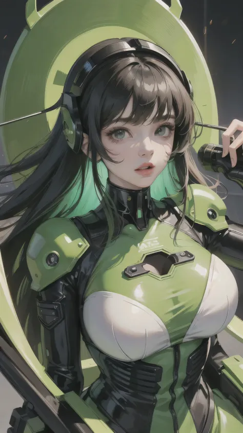 Highest image quality, outstanding details, ultra-high resolution, (realism: 1.4), the best illustration, favor details, highly condensed 1girl, with a delicate and beautiful face, dressed in a black and green mecha, wearing a mecha helmet, holding a direc...