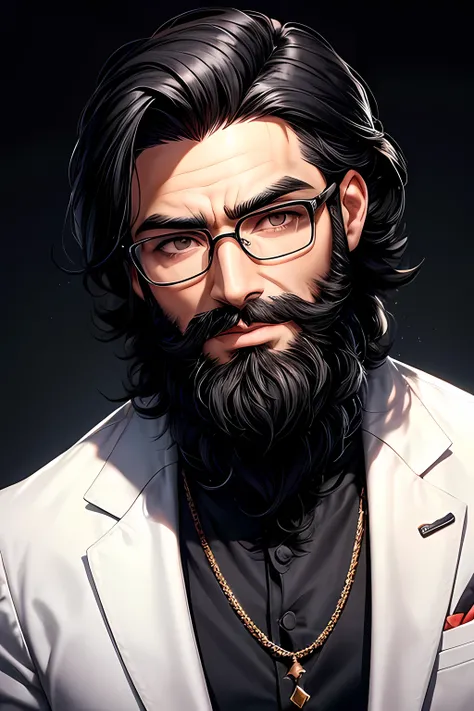 Man, black hair, black beard, glasses, diamond face shape, medium hair middle part, Dark skin