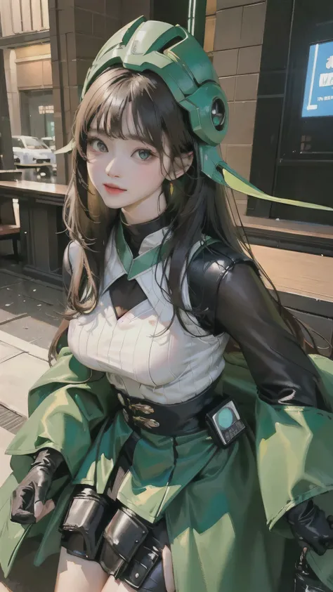 Highest image quality, outstanding details, ultra-high resolution, (realism: 1.4), the best illustration, favor details, highly condensed 1girl, with a delicate and beautiful face, dressed in a black and green mecha, wearing a mecha helmet, holding a direc...