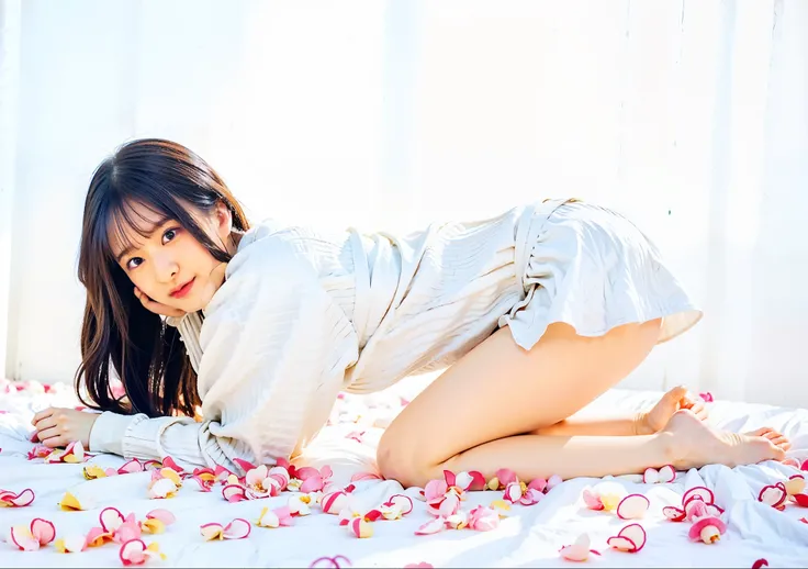 There is a woman lying in bed with petals on the bed, sakura petals around her, Young Sensual Gravure Idol, Young Pretty Gravure Idol, Ayaka, Beautiful and cute, Ayami, laying on roses, Ayami Kojima, Chiho, Cute graceful pose, Young Gravure Idol, Ayami Koj...