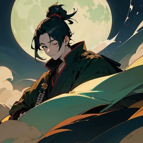 Close-up of a young Japanese samurai man sleeping，Hair is black topknot，wonderful，The moonlight is beautiful in the middle of the night、Green as the base color、One eye open