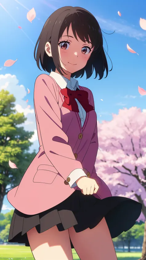 shinkai makoto, kimi no na wa., 1girl, bangs, black hair, blush, brown eyes, shiny skin, red headband, red bow, red ribbon, collared shirt, white shirt, black blazer, white skirt, short hair, smile, cute, solo, happy, beautiful, looking at the viewer, long...