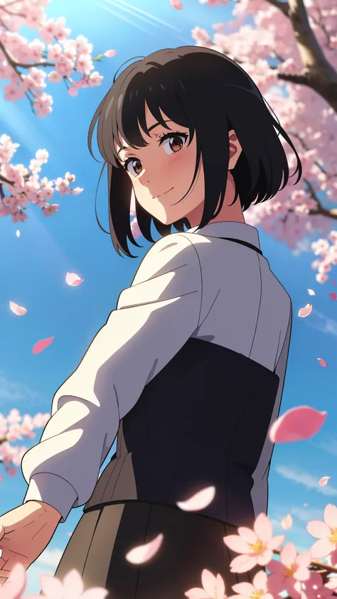 shinkai makoto, kimi no na wa., 1girl, bangs, black hair, blush, brown eyes, shiny skin, red headband, red bow, red ribbon, collared shirt, white shirt, black blazer, white skirt, short hair, smile, cute, solo, happy, beautiful, looking at the viewer, long...