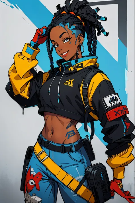 a black girl graffiti artist, headphones on ear, dj, music, black and blue hair dreads, apex legends, cyberpunk character design...