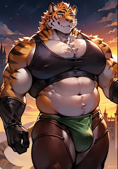 solo male, muscular body, ((fat pecs, massive pecs, bulging pecs, saggy pecs, round pecs)), tiger knight, standing under the stars, fantasy background with castle in the distance, facing viewer, head tilted to the side, beautiful sunset sky, wearing tunic,...