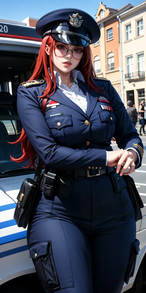 Police cap girl red hair long sunglasses police uniform super model beautiful face 