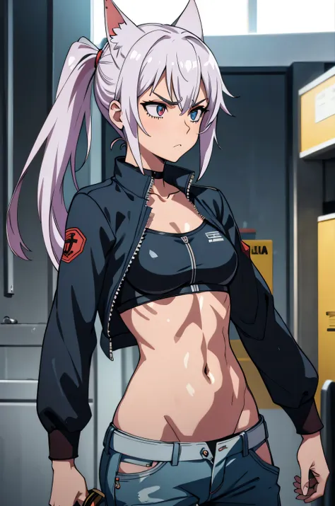 Uma mulher fica alta, segurando katana, vestindo uma jaqueta de couro preta aberta, bikini under the jacket, Torn pants, athletic body, perfect physique, tamanho do peito: 1.4, um olhar penetrante, Serious Expression,abdomen:1.4" suada, molhada, ferimento ...