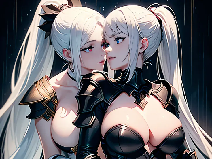 (masterpiece), best quality, expressive eyes, perfect face  , skimpy armor , white hair  , black and red armor  ,  two female knights kissing under the moonlight in skimpy armor and rain , thongs , one of the knights has her hand on the other knights ass a...