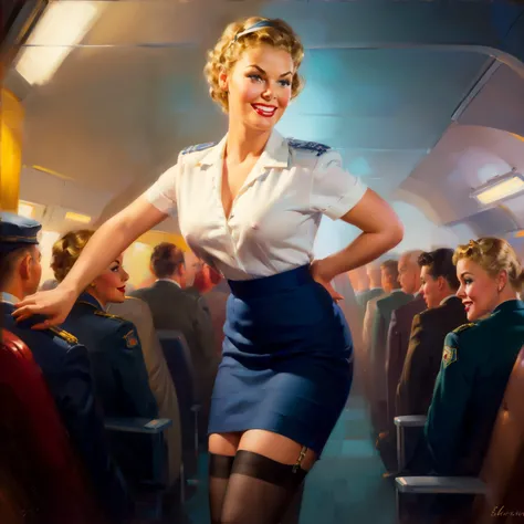 nsfw, photorealistic, beautiful face, (masterpiece:1.4), (best quality:1.4), extremely detailed, hyper-detailed, soft lighting, 38 years old beautiful 1950s pin-up stewardess standing in the aisle of a crowded airplane, big breasts, erected hard nipples, o...