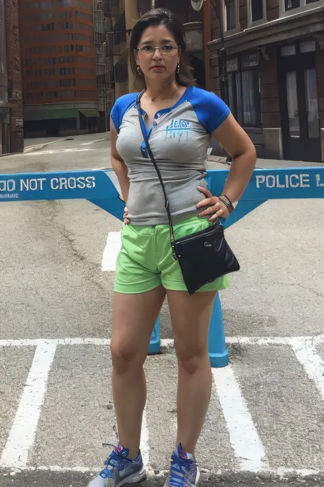 woman standing in front of a police sign in a parking lot, standing in street, standing in a city street, mid 2 0s female, standing in the street, standing in a parking lot, standing on street corner, dressed in a top and shorts, half body shot, full body ...