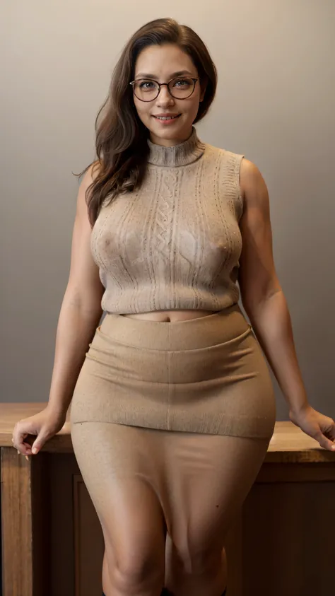 mirabel madrigal,  glasses, smile, ((sleeveless sweater)), market background, (((pencil skirt))), (((brown skin))), detailed skin, perfect legs, perfect thighs, (((curvy body))), BIG BREASTS, INVITING TO SEX