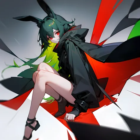 (((mystery))). Teen, long hair past the knees, wearing a long black coat that covers the mouth, black shorts, red eyes, cold, bunny ears, green hair, femboy