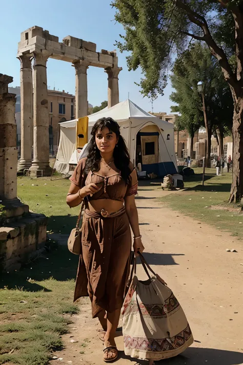 Gypsies camped in the Roman imperial forums, background Rome