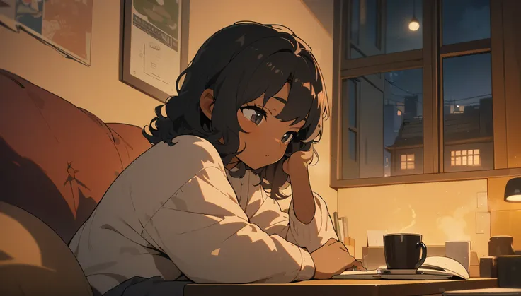 Lofi, Boy with dark skin, Black curly hair, Comfy, Notebook, Coffe, Night, Relax, Room, HD, High Resolution, Masterpiece, 4K