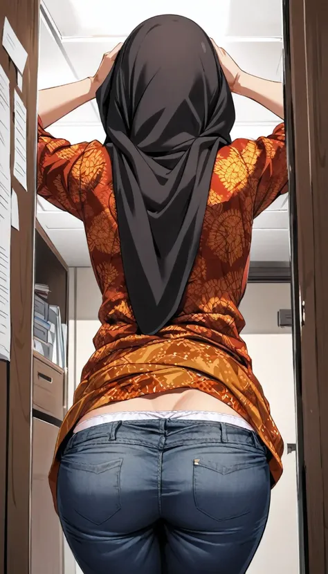 A woman trapped in the haunted office room, wearing hijab, batik shirt, pull down her sagging jeans, panties accidentally exposed, hands on her head, view from behind 