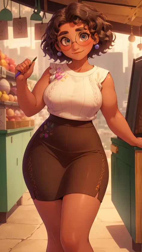 mirabel madrigal,  glasses, smile, ((sleeveless sweater)), market background, (((pencil skirt))), (((brown skin))), detailed skin, perfect legs, perfect thighs, (((curvy body)))