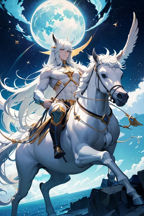 The Celestial Centaur is a majestic creature that combines the form of a superior human with the powerful body of a star horse.. He has shining armor adorned with astrological symbols., and in his hands he holds a radiant arc of light.