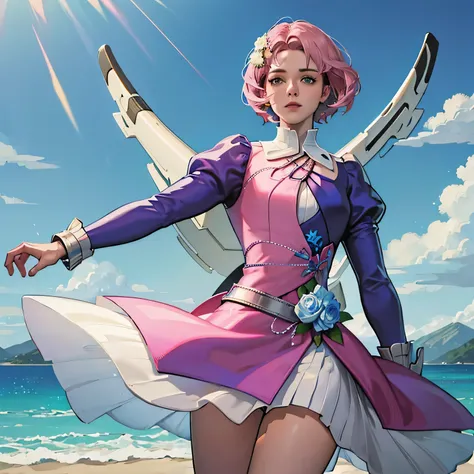 (parte mestre, melhor qualidade) Alisa Rosto bonito, Olhos verdes detalhados , roupas elegantes e detalhadas , swollen lips ,Flower accessories for short hair pink, (melhores detalhes) ( melhor qualidade) espetacular, dramatic scenery, tekken , anime digit...