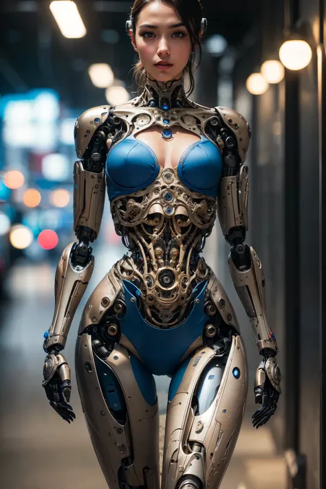 woman-robot in the big city, high quality, absurdres, masterpiece, beautiful, intricate details, 1/2 body crop, slim body, beaut...