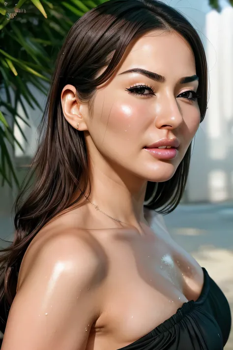 Beautiful Japanese,1 girl(masterpiece:1.2, highest quality), (Realistic, photoRealistic:1.4),, Keep your eyes clearly focused, Nose and mouth,Face Focus, Extreme close up of face、 Age 35,Black Hair、Symmetrical face,Realistic nostrils、Angle from below、Elong...