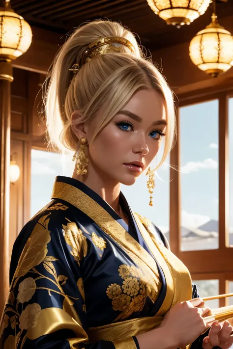 causasian blonde woman, elegantly dressed in a vibrant, hyperrealistic black and gold silk kimono adorned with glittering gold f...