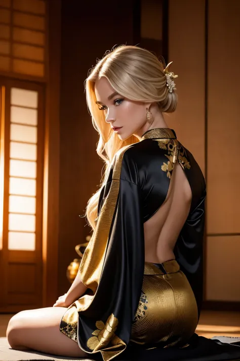 best quality, high resolution, masterpiece: 1.3, stunning caucasian blonde woman, graceful in black and gold silk kimono, glitte...