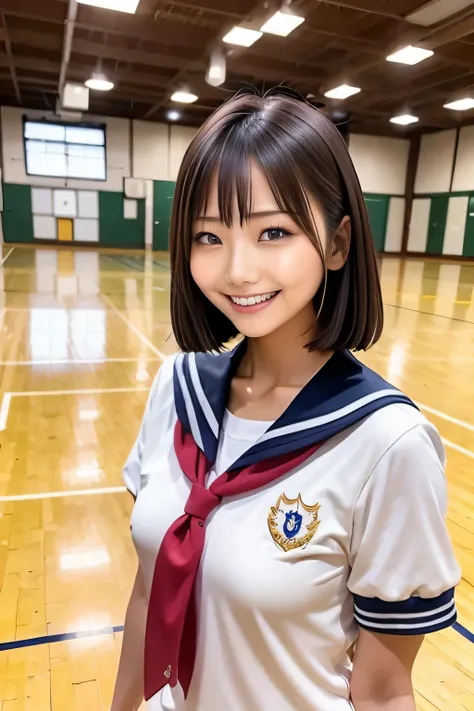 Arafe Asian woman in sailor suit smiling for a photo in school gym, wearing japanese , seifuku, shinkai makoto, iwakura lain,rumiko, japanese , Another close-up of Iwakura, Japanese Girls , Chiho, akiko takase, aya takano, nishimiya shouko