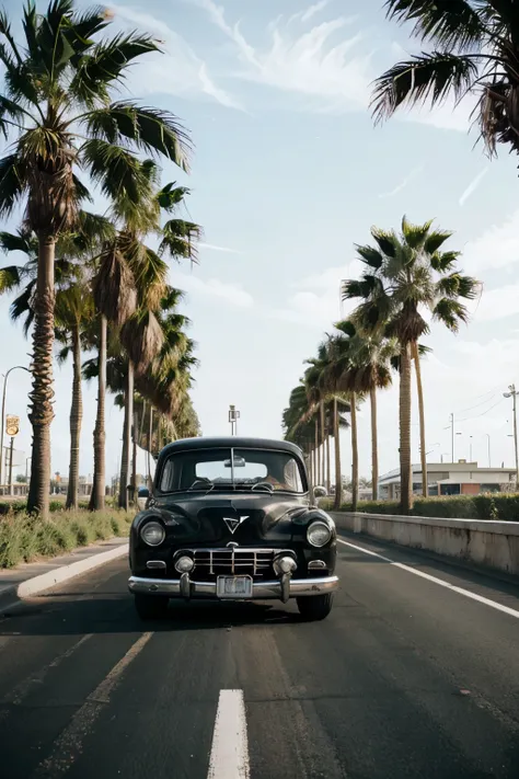 1950s black old car running along a highway with palm trees