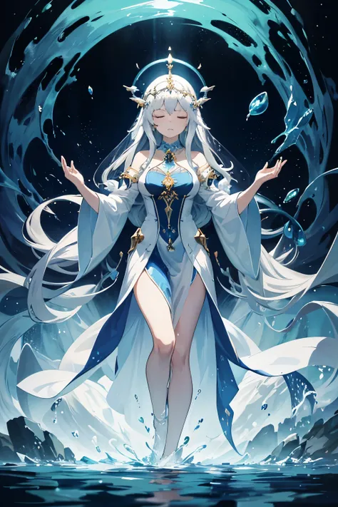 The Priestess of the Ocean is a serene and mysterious woman, dressed in fluid clothes that seem to merge with the water around them. She is standing on a raised platform over the pool, with eyes closed in meditation.
