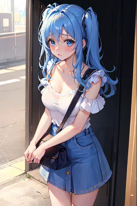 (1girl solo:1.2), cowboy shot (dutch angle from above:1.2), looking at viewer, pov,shoulder bag strap between breasts paisura
(walking on stairs:1.2) in train station platform, railing, white t-shirt, jeans, shoulder bag strap between breasts paisura, 8K, ...