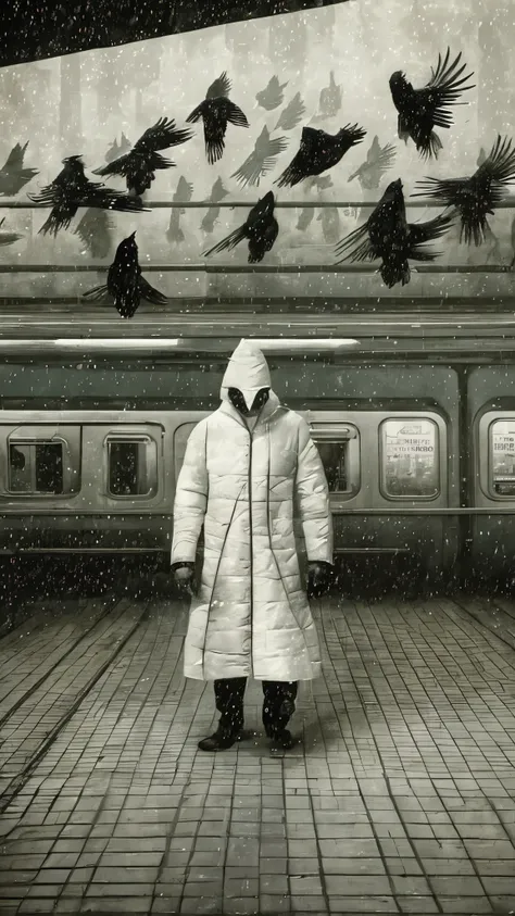 surrealism, faceless shadow, wearing white protective clothing, there are crows flying. left the subway.