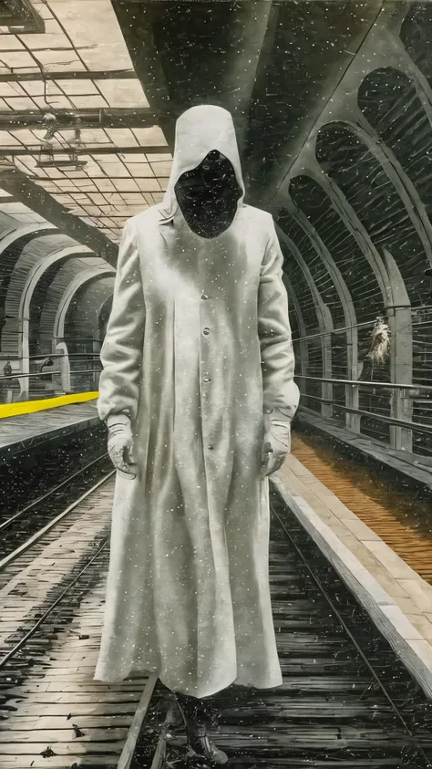 surrealism, Faceless shadow, wearing white protective clothing, There are crows flying. left the subway.