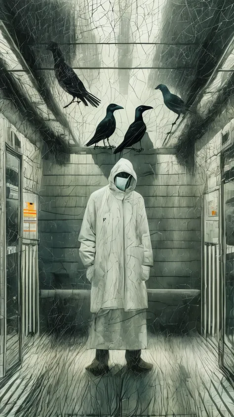 surrealism, faceless shadow, wearing white protective clothing, there are crows flying. left the subway.