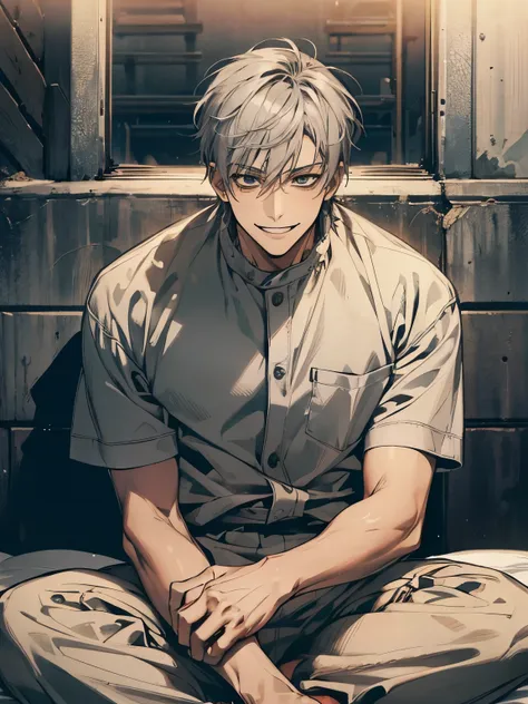 (masterpiece best quality), alone, 1 man, smiling pervert, sitting on a bed, in a cell, with short gray hair, wearing a prison u...