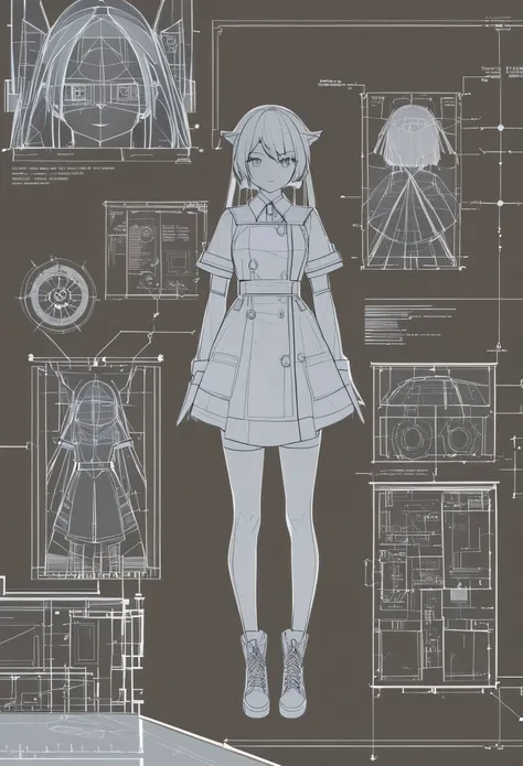 blueprint of a lineart girl, multiple perspectives, schematics, labels, full body, lineart, sharp lines, crisp,