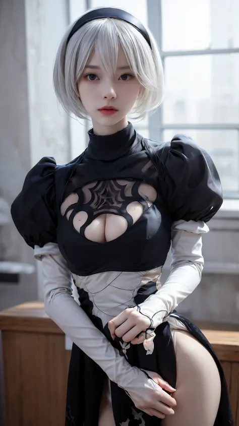 nier:beautiful cosplay of 2b from automata、a woman cosplaying as 2b、white skin、tall、great style、small face、sharp eye、beautiful f...