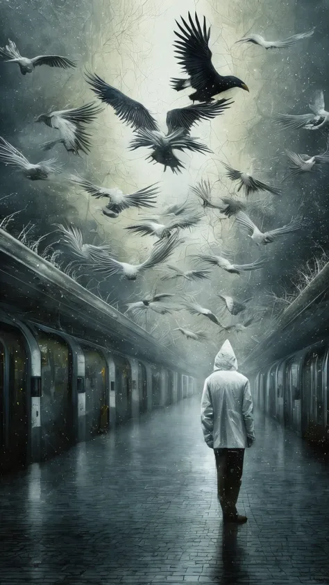 (best quality,4k,highres,masterpiece:1.2),ultra-detailed,(realistic,photo-realistic:1.37),surrealism,faceless shadow,wearing white protective clothing,crows flying,left the subway,illustration,dream-like,ethereal,surreal atmosphere,dark and mysterious,gloo...