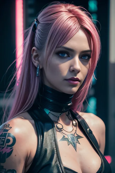 full length long shot:1.4, (( a sensual and beautiful young woman)), sensual smile, with a tattoo on her arm and cheek, beautiful and modern hairstyle with a lock of pink hair, beautiful cyberpunk girl, beautiful girl face cyberpunk, dreamy, beautiful and ...