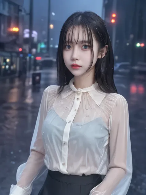 high resolution　photo quality　cinema lighting　rainy town　wet hair　sheer blouse