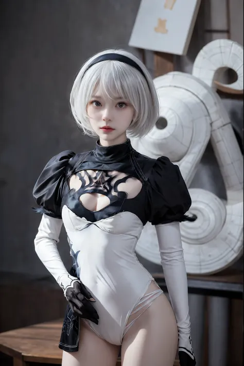 nier:beautiful cosplay of 2b from automata、2b、a woman cosplaying as 2b、white skin、tall、great style、small face、small nose、sharp e...