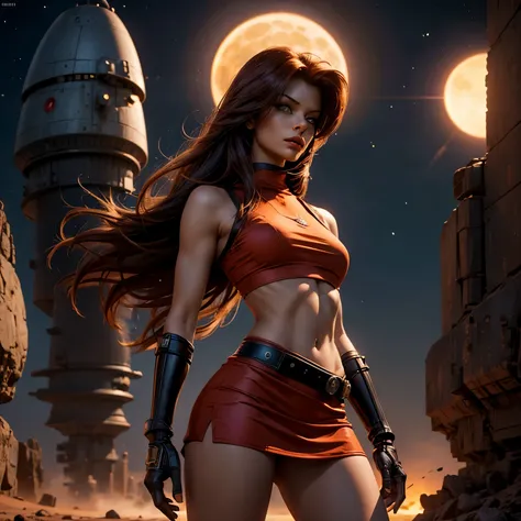 Realistic photography, high quality, Leela from Futurama catches evil robots on Mars, she is wearing a short skirt and a tight top, thin waist, detailed face, Moonlight night, thin hips, (nuclear explosion in the distance: 1.1), strong wind, magic light, D...