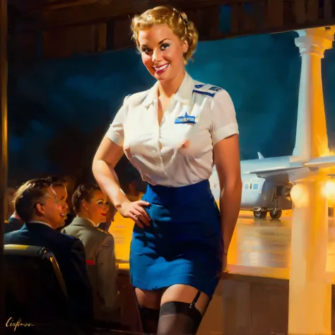 nsfw, photorealistic, beautiful face, (masterpiece:1.4), (best quality:1.4), extremely detailed, hyper-detailed, soft lighting, 38 years old beautiful 1950s pin-up stewardess standing in the aisle of a crowded airplane, big breasts, erected hard nipples, o...