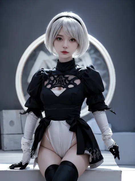 nier:Beautiful cosplay of 2B from Automata、2B、A woman cosplaying as 2B、White skin、tall、Great style、Small face、Small nose、Sharp Eye、Beautiful Face、Beautiful face、30 years old、British women、Half British、nier:2B&#39;s black costume from Automata、Light backgro...