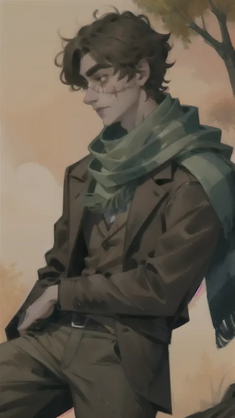 short brown hair, man with scarred face, stitches, striped scarf, brown pants