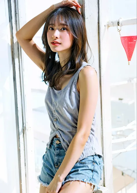 alafed woman in tanned top and denim shorts poses for photo, bae suzy, wearing : tank top, slim girl model photo, korean female ...