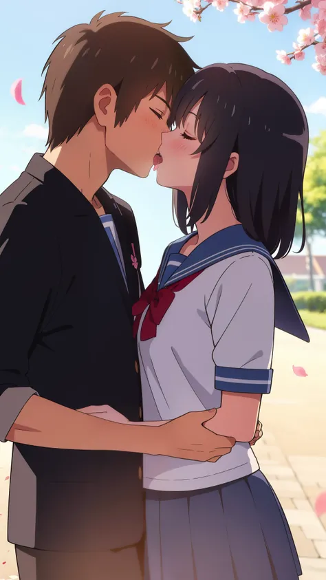 shinkai makoto, kimi no na wa., 1girl, 1boy, bangs, black hair, blush, (boy wear black uniform), ((girl wear sailor uniform, blue sailor collar, blue sailor color, blue skirt)), red headband, red bow, red ribbon, short hair, cute, love, couple, adorable, d...