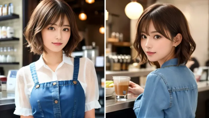 super high quality, Fashion Model, Short Hair, Slender, The staff is working at the counter in the back., (8k、RAW Photos、highest quality、masterpiece:1.2), Japanese Idol, Serious expression, Shaggy, Brown Hair, Stylish café, Fashion magazine shooting, (Real...