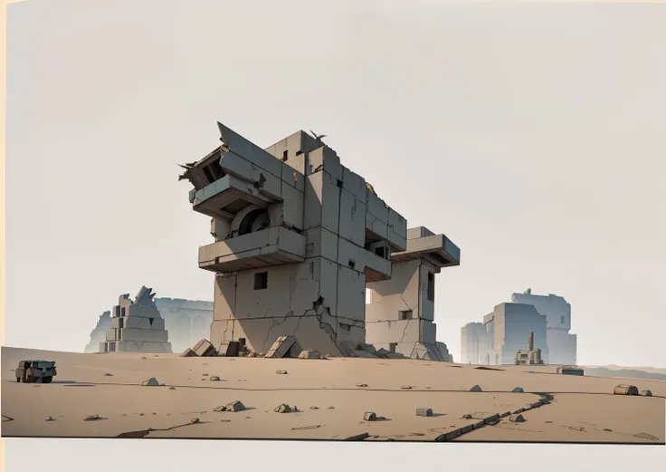 there is a photo of a building in the desert with the sky background, Futuristic outpost building, brutalist science fiction, futuristic ruins, grande base brutalista, Base brutalista imperial, futuristic estructures in ruins, concept render, Posto militar...