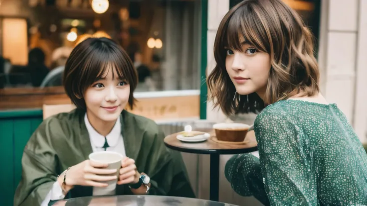 super high quality, Fashion Model, short hair, thin, (8k、RAW Photos、highest quality、masterpiece:1.2), Japanese Idols, Serious expression, Shaggy, Brown Hair, Stylish cafe, Fashion magazine shooting, People having fun at the cafe々Bustling with., (Realistic、...